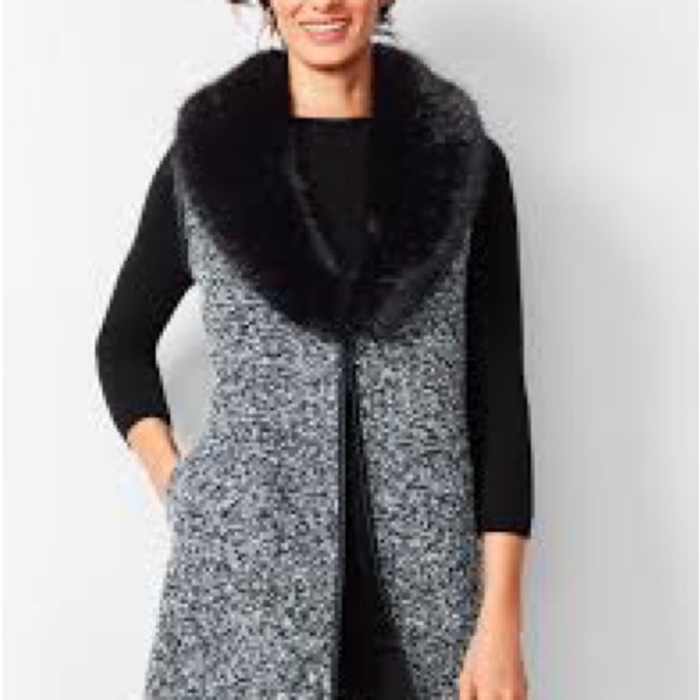 Talbots Faux Fur Trim Boucle Vest NWT Detachable Collar Open Front Size Medium